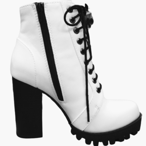 White Lug Sole Lace Up Heel Combat Ankle Booties - Picture 4 of 8